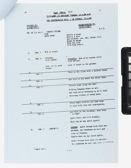 Script for BBC 'Play School' programme telerecorded on 14 April