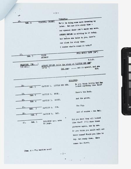 Script for BBC 'Play School' programme telerecorded on 14 April