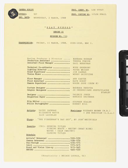 Camera script for BBC 'Play School' programme dated 2 March