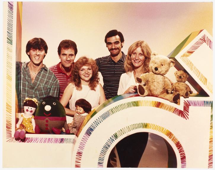 Photograph of presenters and toys from BBC TV programme 'Play