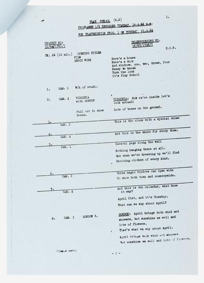 Script for BBC 'Play School' programme telerecorded on 14 April