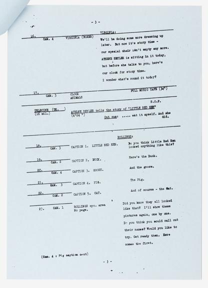 Script for BBC 'Play School' programme telerecorded on 14 April