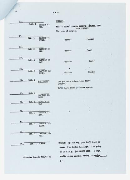 Script for BBC 'Play School' programme telerecorded on 14 April