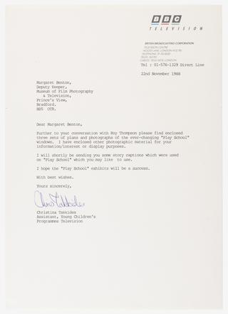 Letter from BBC to Museum of Film Photography & Television