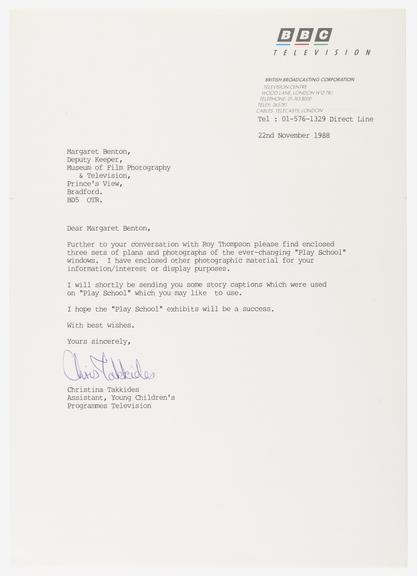 Letter from Assistant, Young Children's Programmes Television