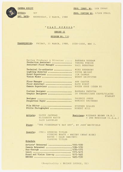 Camera script for BBC 'Play School' programme dated 2 March