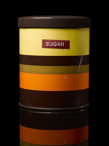 Orange, yellow and brown striped container for sugar, English