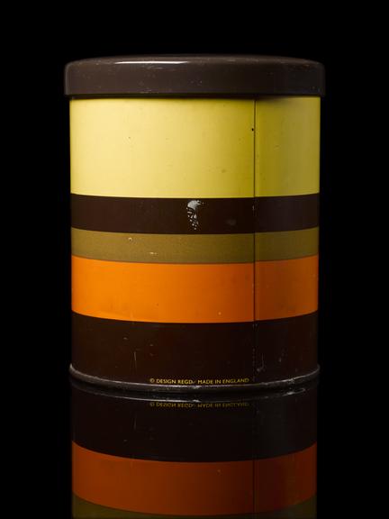 Orange, yellow and brown striped container for sugar, English