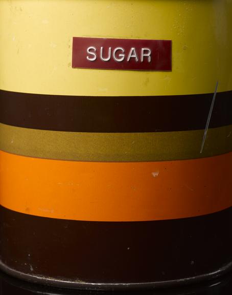 Orange, yellow and brown striped container for sugar, English