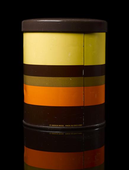 Orange, yellow and brown striped container for coffee, English