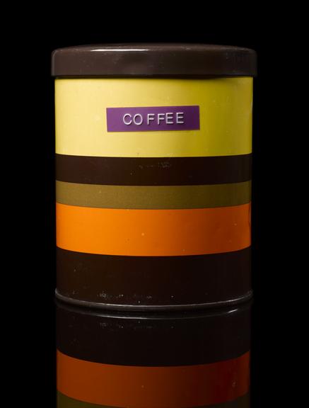 Orange, yellow and brown striped container for coffee, English