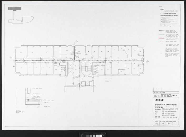 Large builder's plan of the fifth floor of BBC Broadcasting