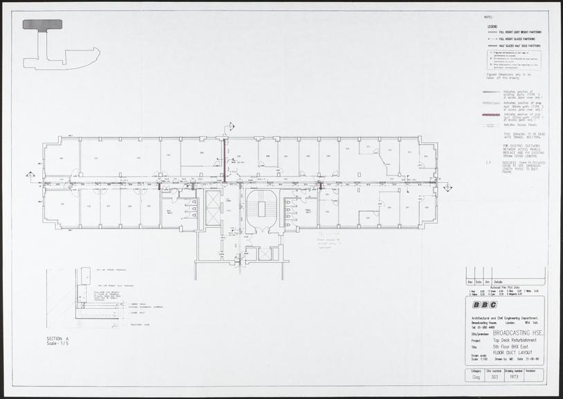 Large builder's plan of the fifth floor of BBC Broadcasting