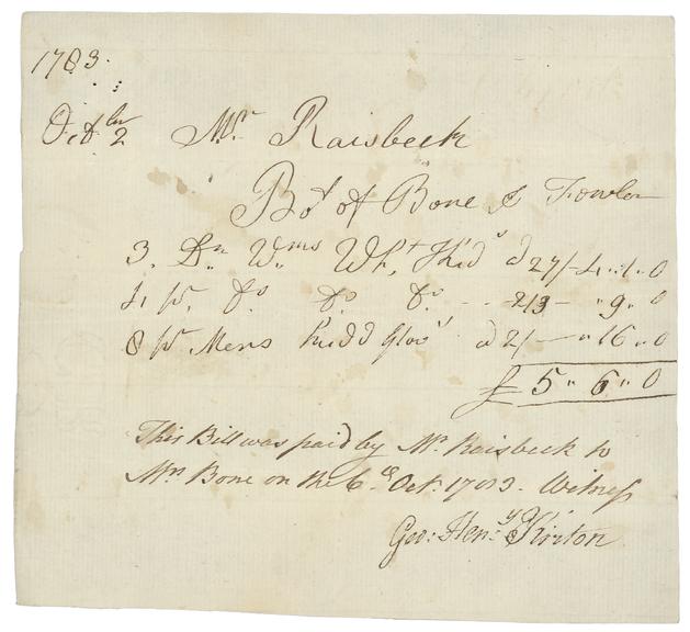 Bills paid by Mr Raisbeck to Mrs Bone