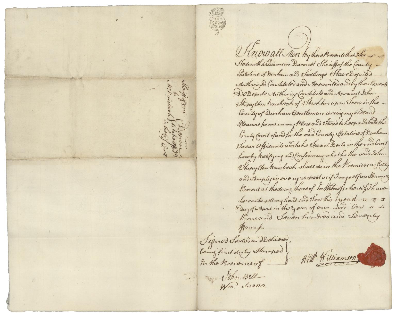John Raisbeck Legal document from Sir Hodworth Williamson regarding John Stapleton ...