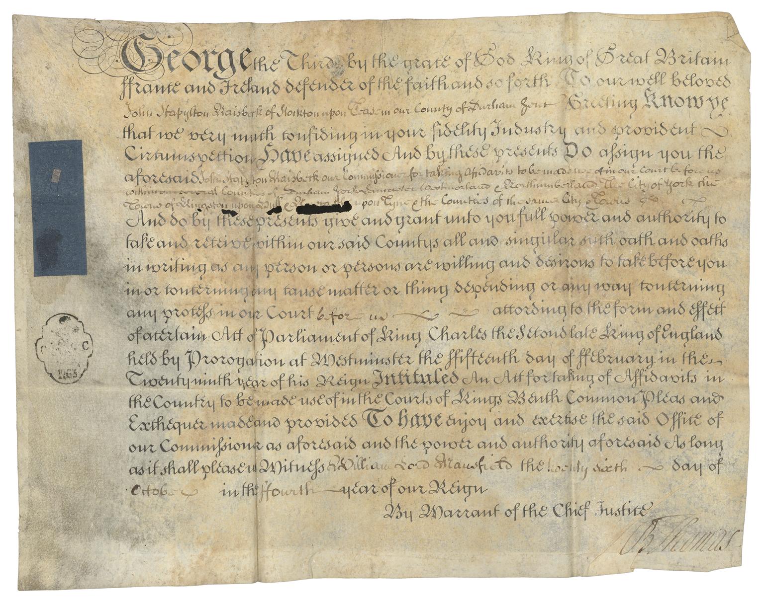 John Raisbeck Legal document granting John Stapylton Raisbeck authority to take oaths ...