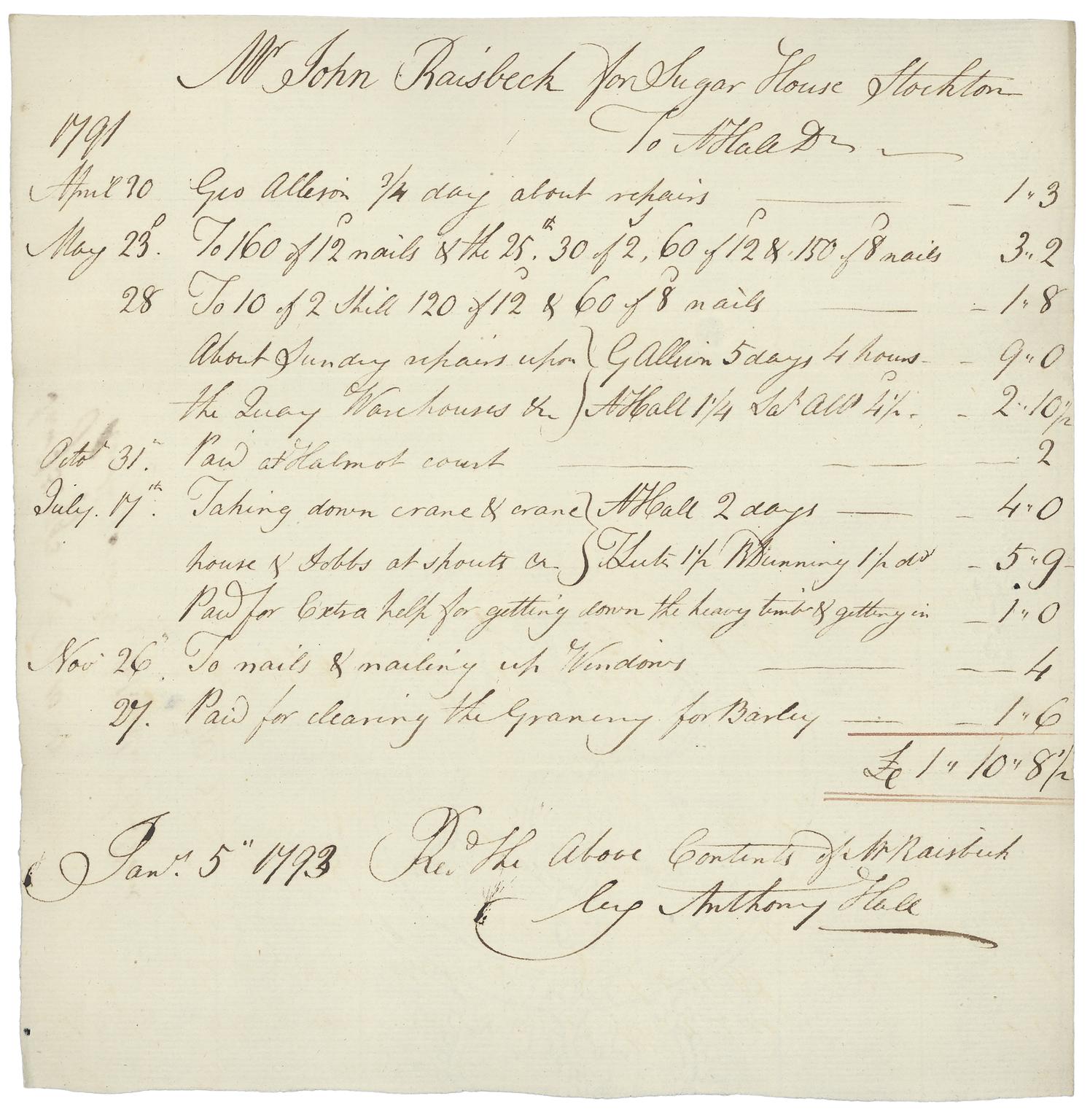 John Raisbeck Receipt from Mr John Raisbeck for the Sugar House to A Hall for £1.10.8 ...