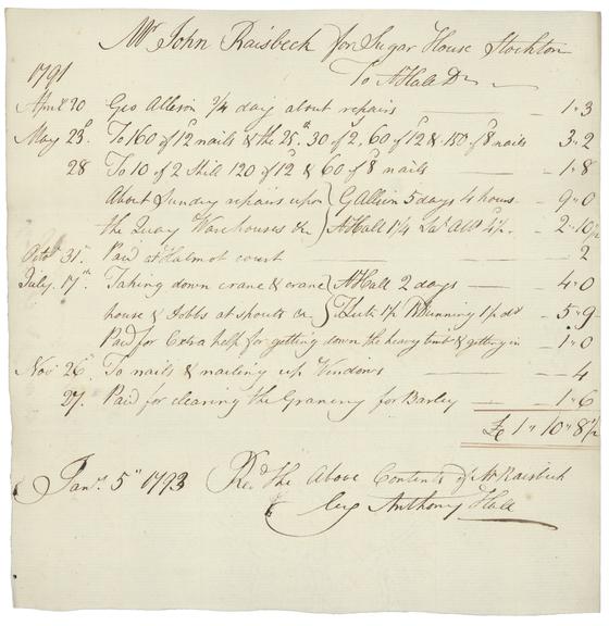 Receipt from Mr John Raisbeck for the Sugar House to A Hall for