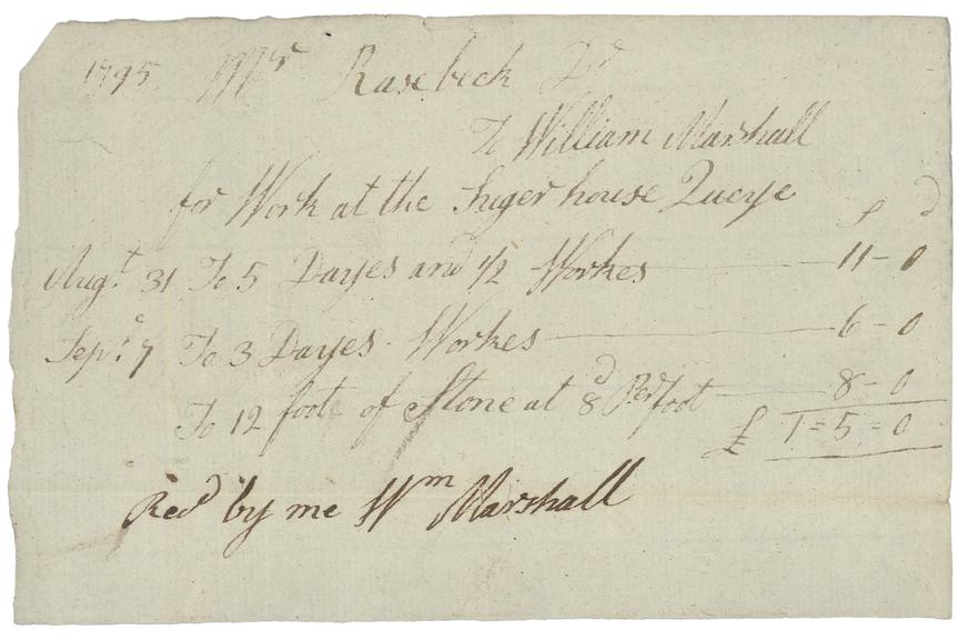 Receipt from Mr Raisbeck to William Marshall for £1.5