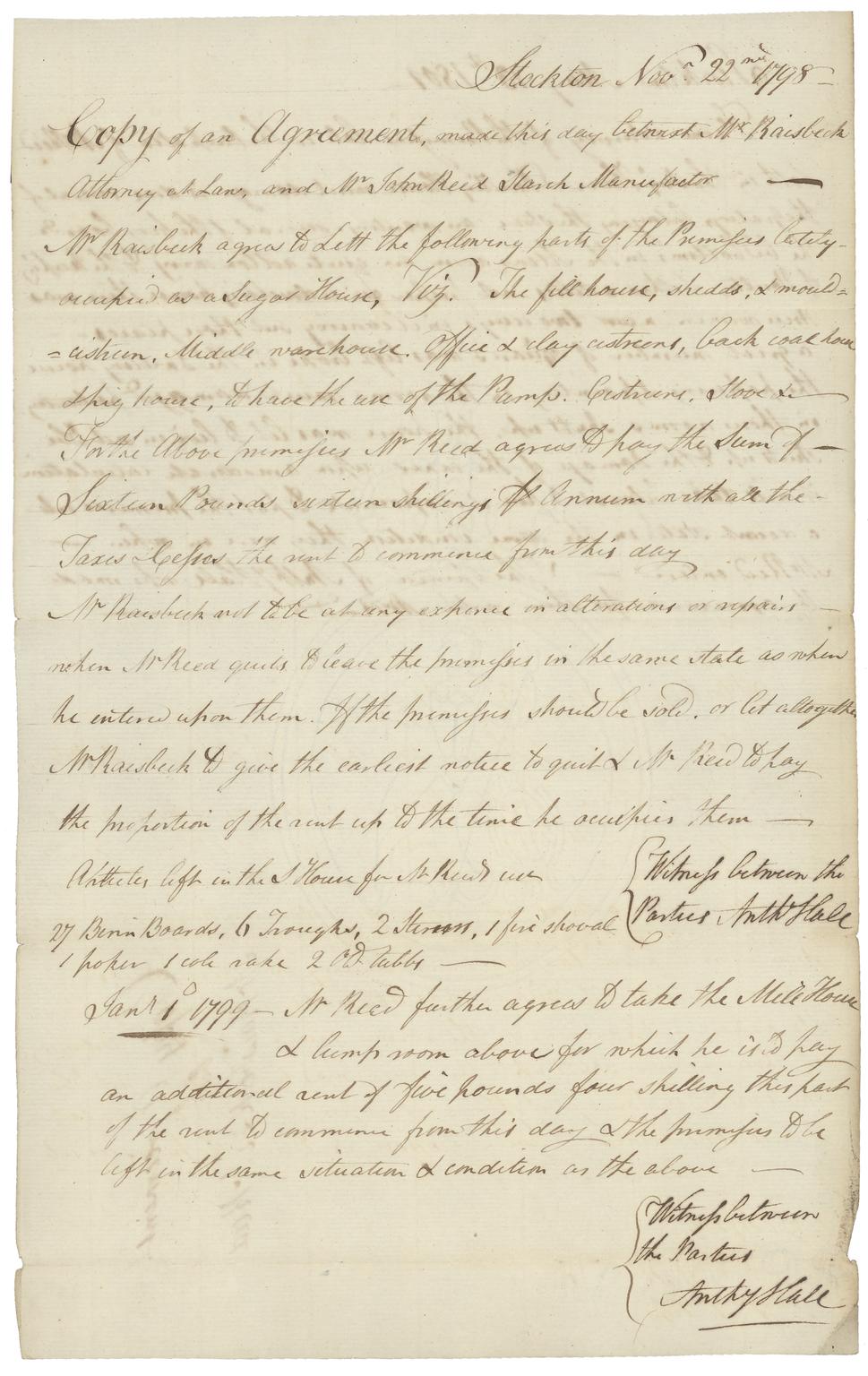 John Raisbeck Copy of agreement between Mr Raisbeck and John Reed, Starch ...