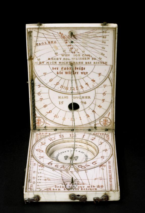 Ivory tablet compass sundial; 3 3/4 x 2 3/8 x 7/16-inches. Made by Hans ...