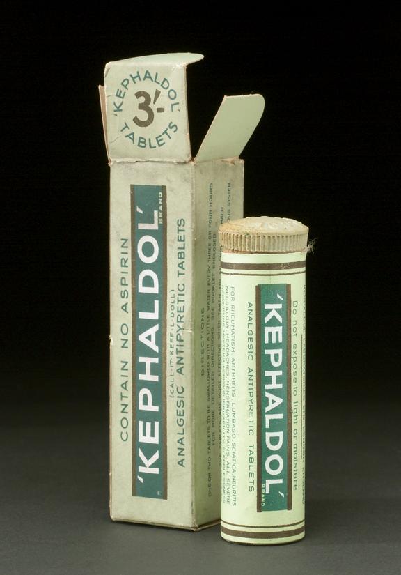 Tube of "Kephaldol" tablets, with instructions