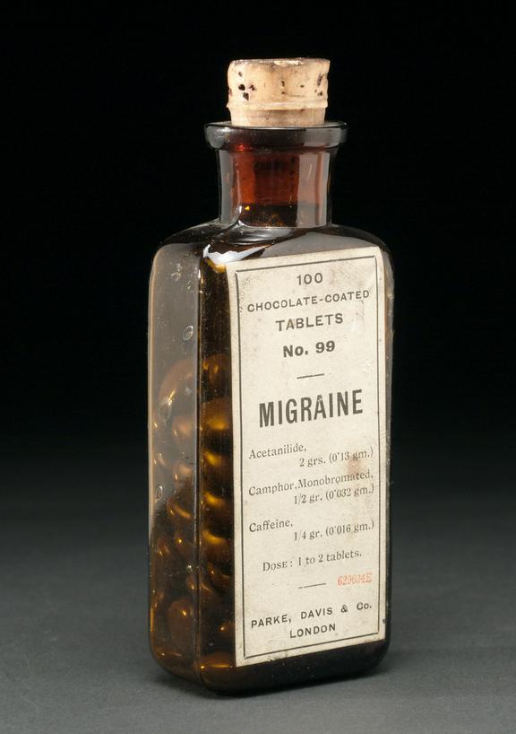 Bottle of migraine tablets by Parke, Davis and Co., English