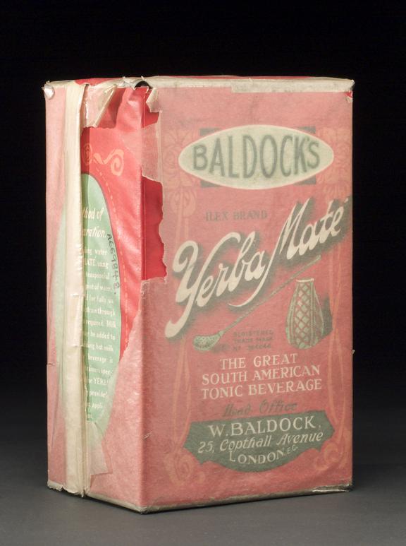 Tin, paper covered, containing Baldock's yerba mate, Paraguay