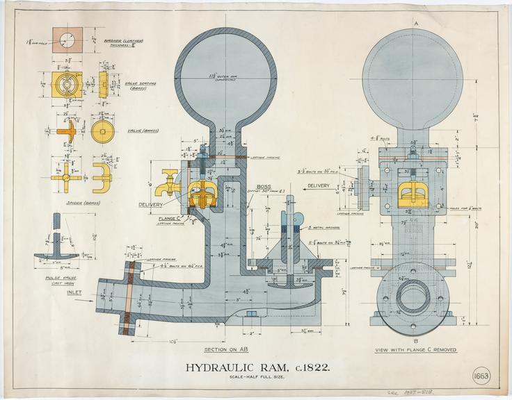 Photograph, 11"x9", of dimensional drawing (scale 1:2) showing sectional arrangement of Easton Hydraulic Ram (photographs)