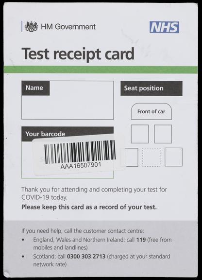 Test receipt card for COVID-19 polymerase chain reaction (PCR)