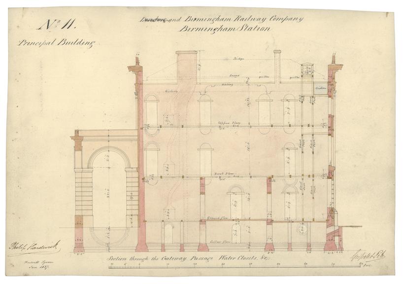 Drawing of Curzon Street Station, Birmingham (London & Birmingham Railway), showing section through the gateway passage and water closets, signed by Philip Hardwick, Grissell and Peto