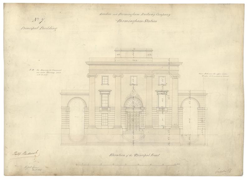 Drawing of Curzon Street Station, Birmingham (London & Birmingham Railway), showing front elevation of the principal building, signed by Philip Hardwick, Grissell and Peto