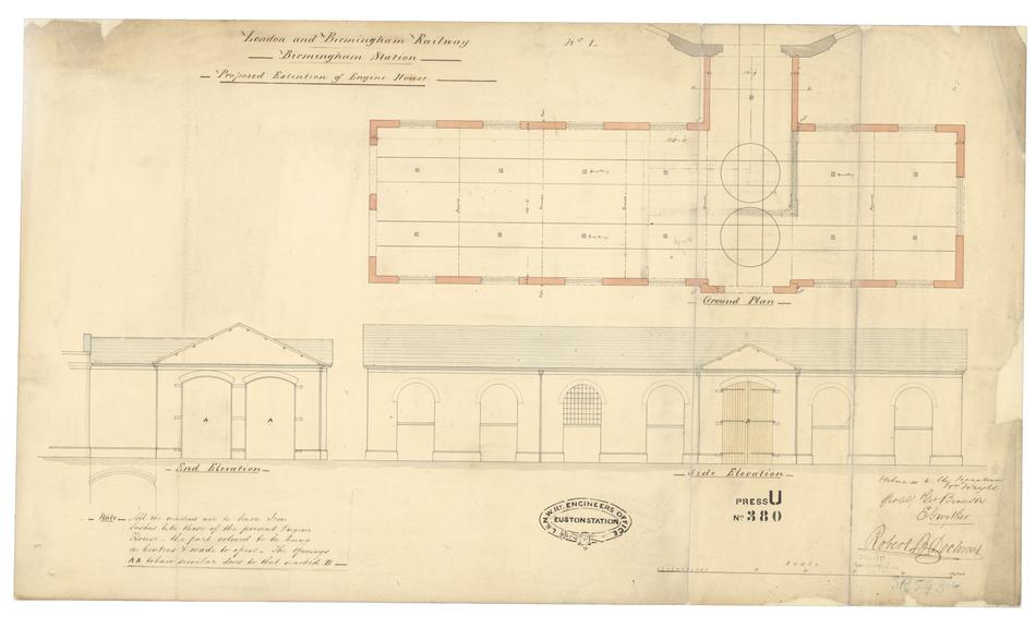 Drawing of Curzon Street Station, Birmingham (London & Birmingham Railway), showing end elevation. Side elevation and ground plan of the proposed engine house exterior. Annotated with a description of the type of doors and windows to be included