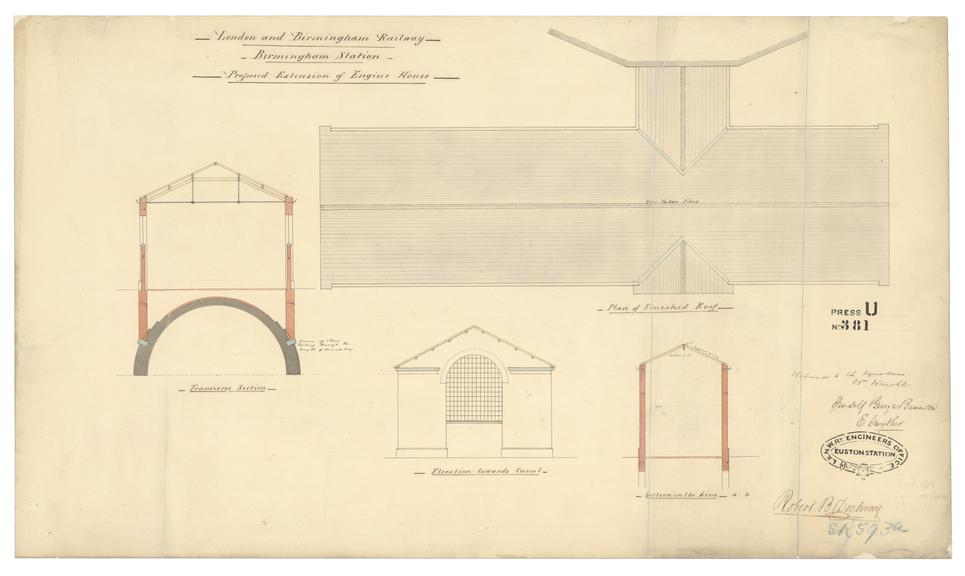 Drawing of Curzon Street Station, Birmingham (London & Birmingham Railway), showing plan of finished roof, traverse section of engine house, elevation towards canal, second Section