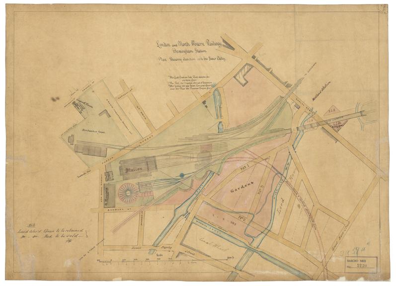 Drawing of Curzon Street Station, Birmingham (London & Birmingham Railway), London and North Western Railway, Birmingham Station, showing large scale plan of junction with the Stour Valley