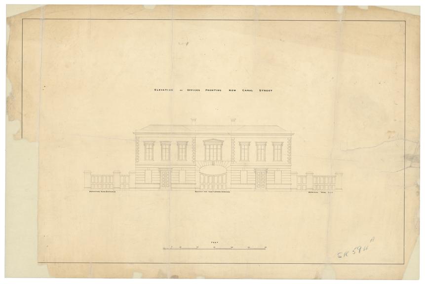 Drawing of Curzon Street Station, Birmingham (London & Birmingham Railway), showing elevation of offices fronting New Canal Street, includes departure yard entrance, arrival yard exit and archway for gentlemen's carriages