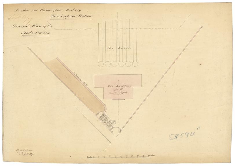 Drawing of Curzon Street Station, Birmingham (London & Birmingham Railway), showing general plan of the goods station with the goods office building, also included is the retaining wall and stairs from street, marked "Russell Square"