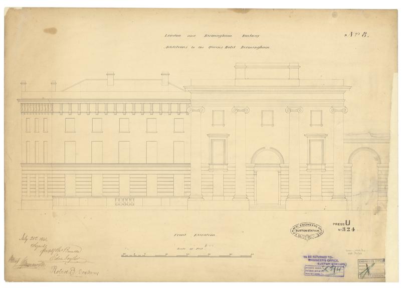 Drawing of Curzon Street Station, Birmingham (London & Birmingham Railway), showing front elevation of additions to the Queen's Hotel Birmingham, signed by Joseph Branson, Edwin Gwythen and Robert B. Dochray