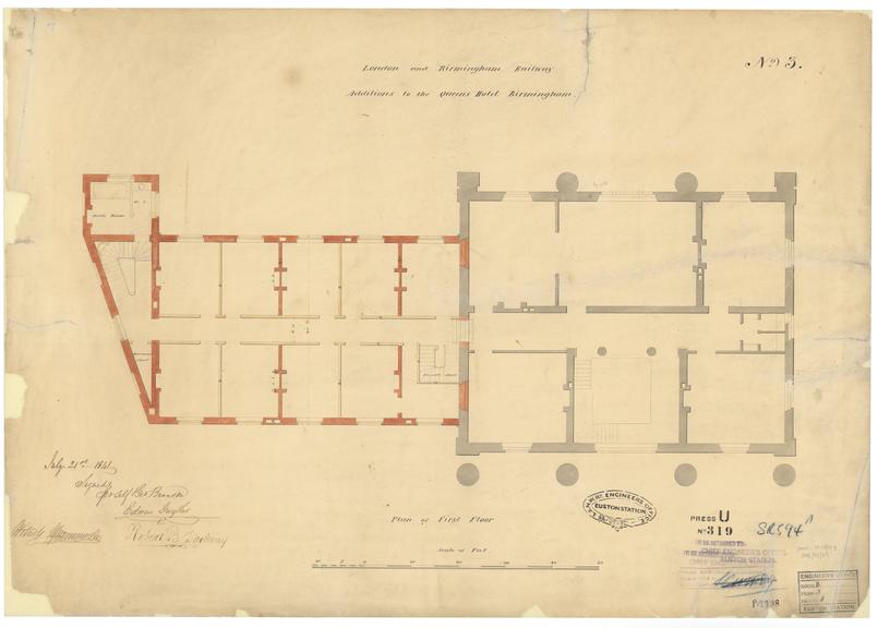 Drawing of Curzon Street Station, Birmingham (London & Birmingham Railway), showing plan of the first floor showing additions to the Queen's Hotel, signed by Joseph George Branson, Edwin Gwythen and Robert B. Dochray