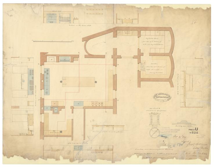 Drawing of Curzon Street Station, Birmingham (London & Birmingham Railway), showing plan of kitchens including vegetable store and larder, sections showing detail, elevation of kitchen table, elevation of hot closet, signed by Joseph George Branson, Edwin Gwythen and Robert B. Dochray