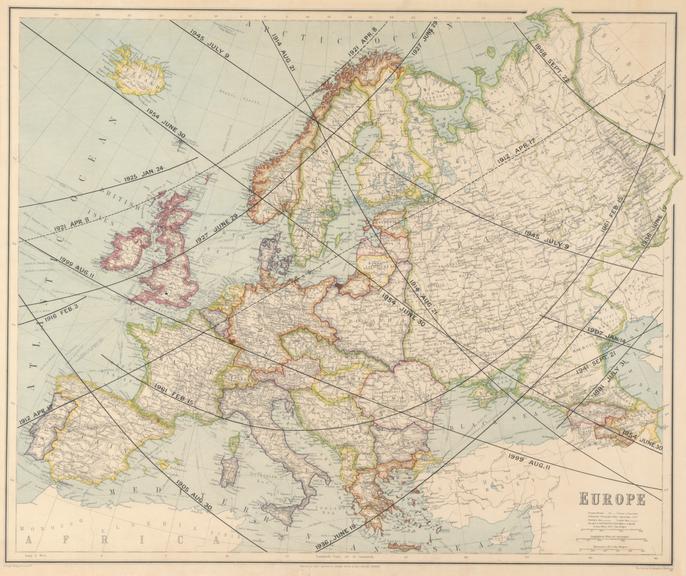 Map of Europe marked with the paths of totality for solar eclipses during the 20th century