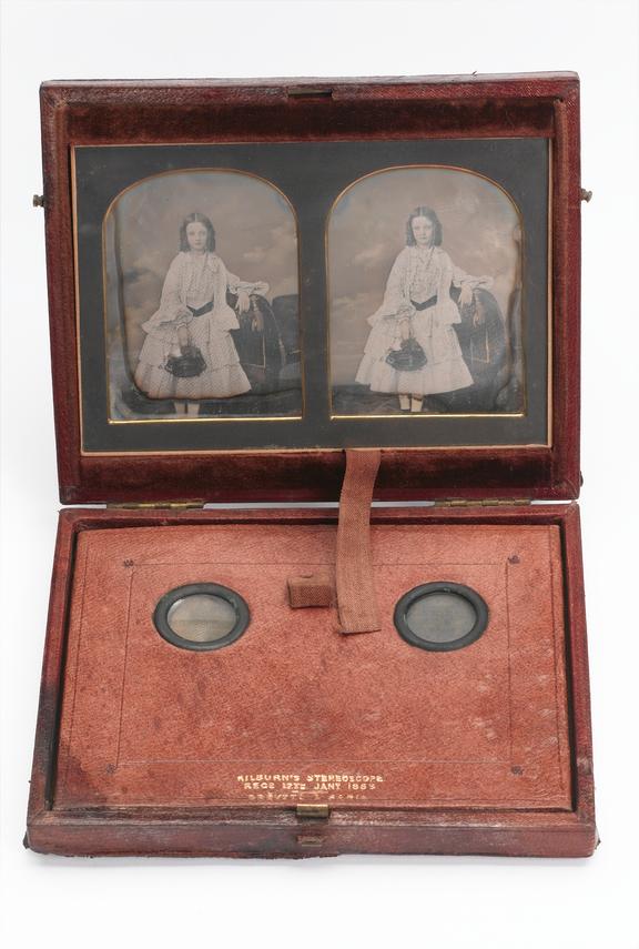 Stereo-daguerreotype portrait of a young girl; with folding