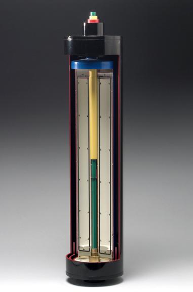 Sectioned model showing aspects of the gas centrifuge to enrich uranium hexafluoride, 1982.