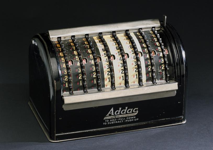 Addac adding machine, marked for American currency