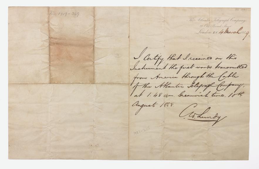 [Letter] 1859 Mar 4, The Atlantic Telegraph Company