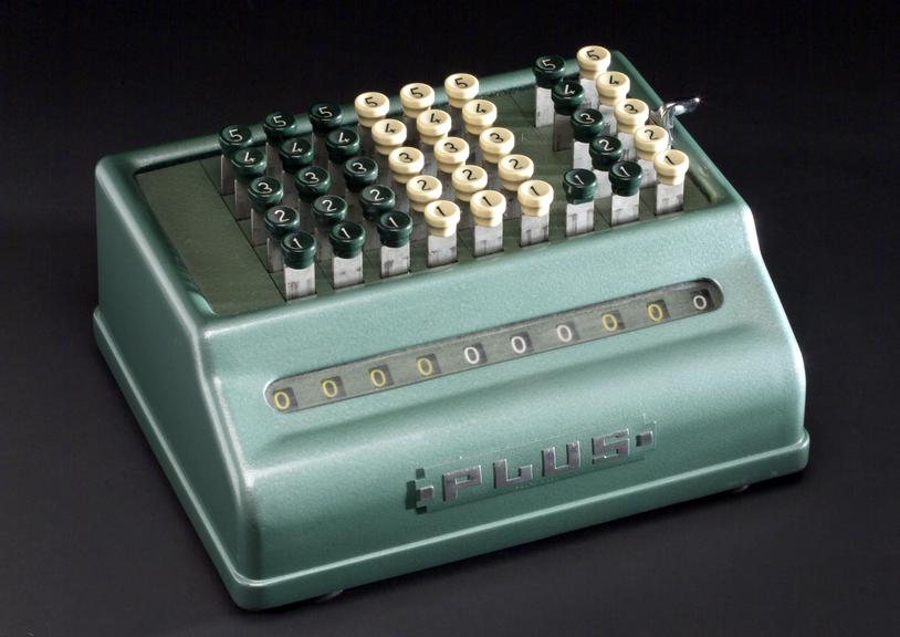 Collection of three mechanical hand calculators. (calculators)