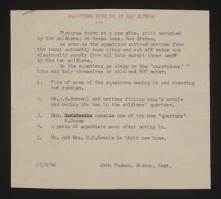 A document of Housing, Post War, Early Post War Difficulties, Squatters - Service Huts Seized By Homeless