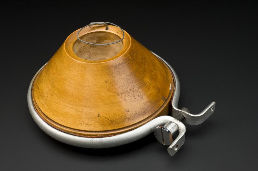 Egg stand for one-armed men, turned wood, wrought iron base