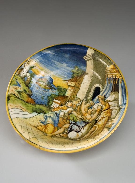 Tin glazed earthenware bowl, depicting a parturition scene