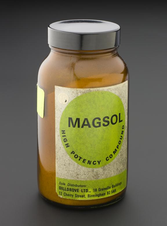 Glass bottle of Magsol, 1970-1981